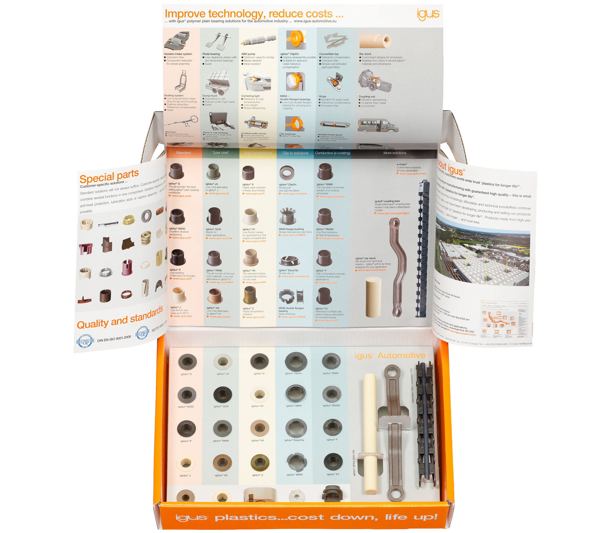 caja de muestras de componentes de igus para el sector del automovil