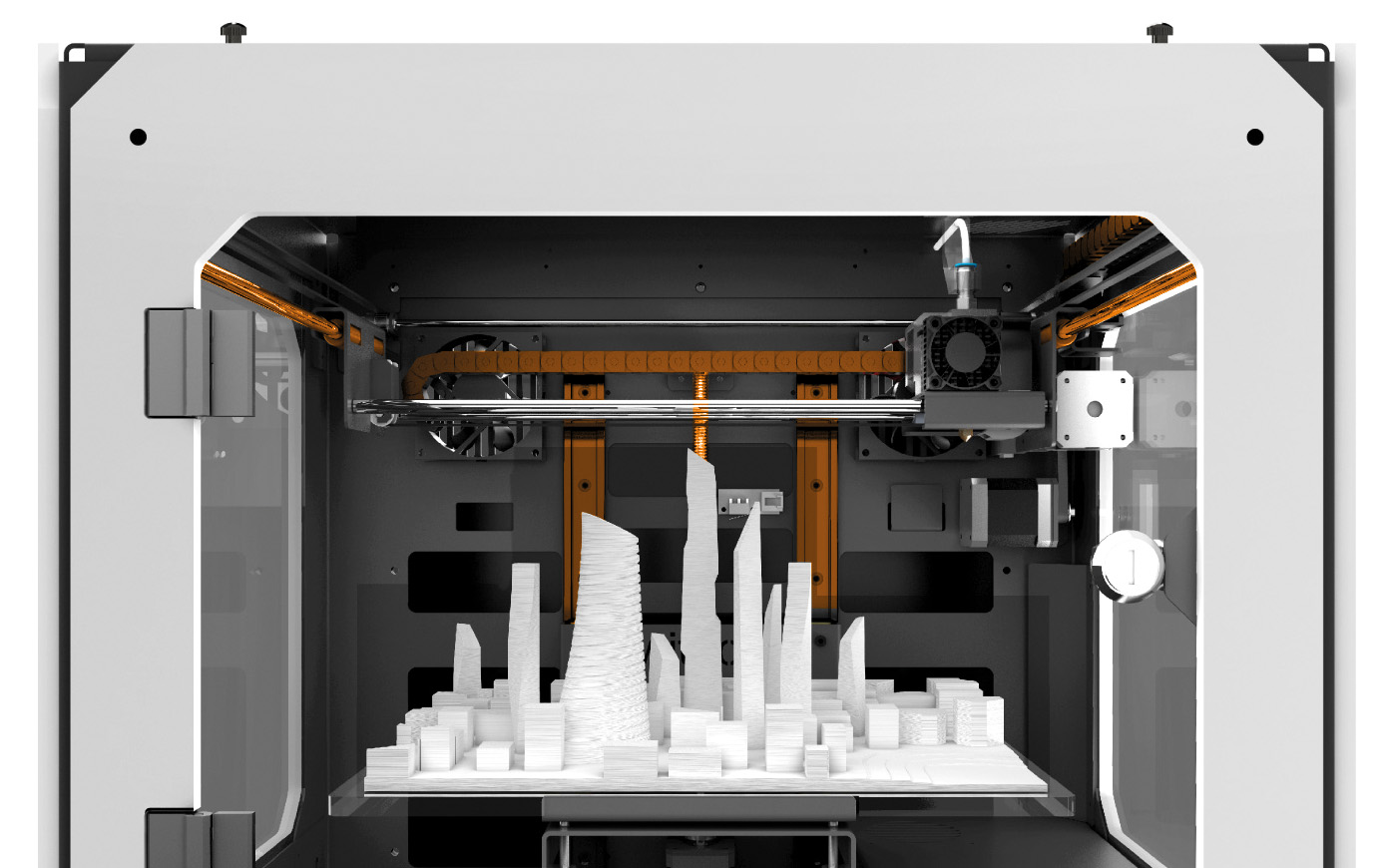 Impresora 3D industrial fabricando una maqueta de edificios